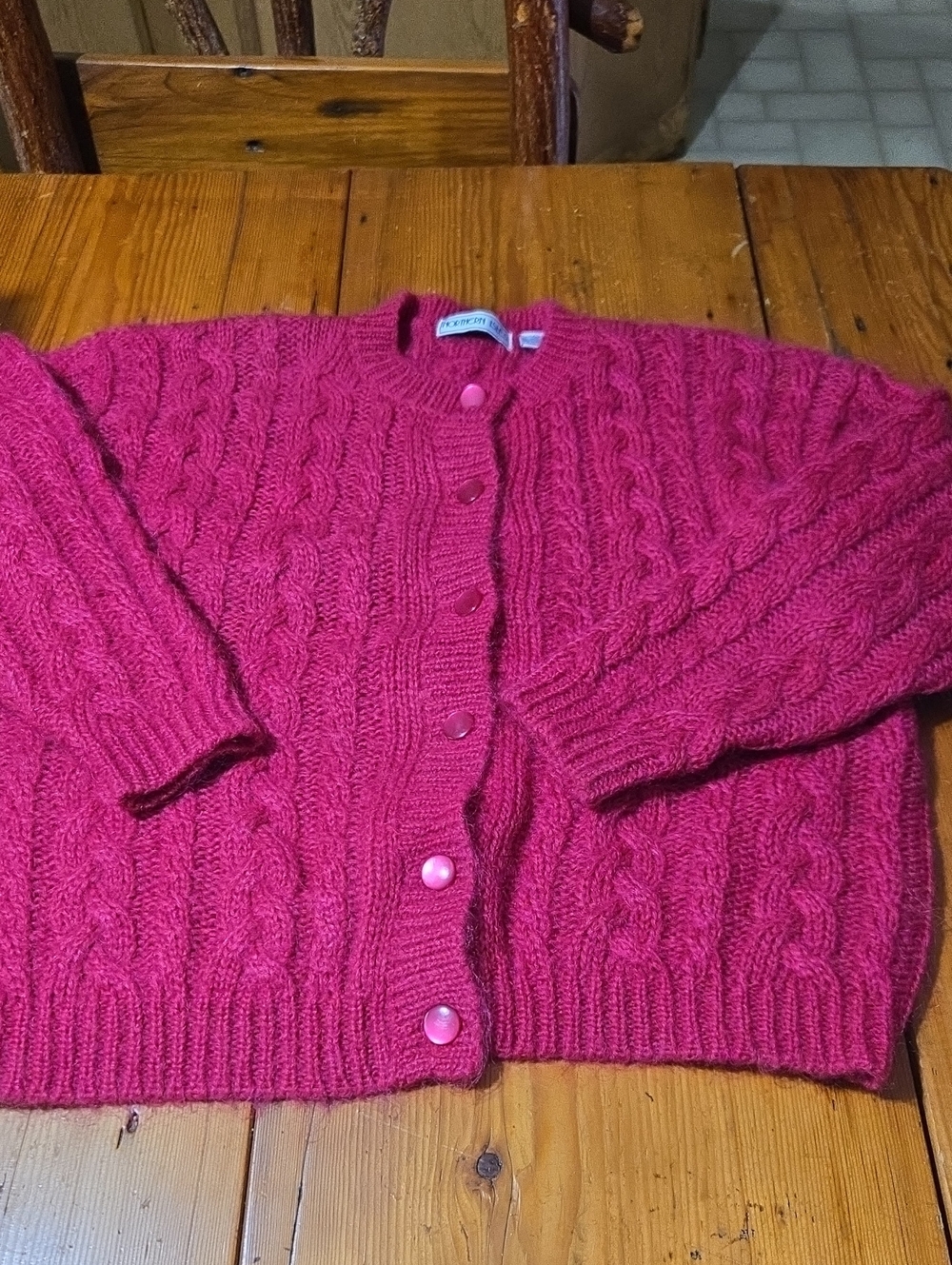 Northern Isles Mohair Blend Sz M Cable Knit Button Up Sweater Cardigan Hot Pink